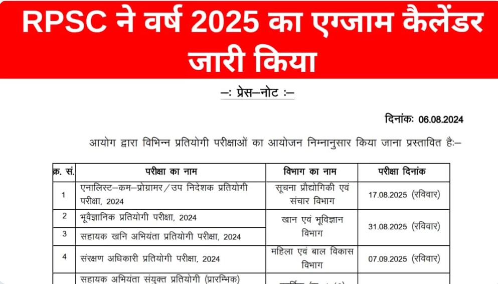 RPSC Exam Calendar 2025